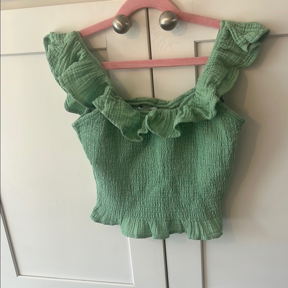 American Eagle Outfitters Green Ruffled Smocked Crop Top